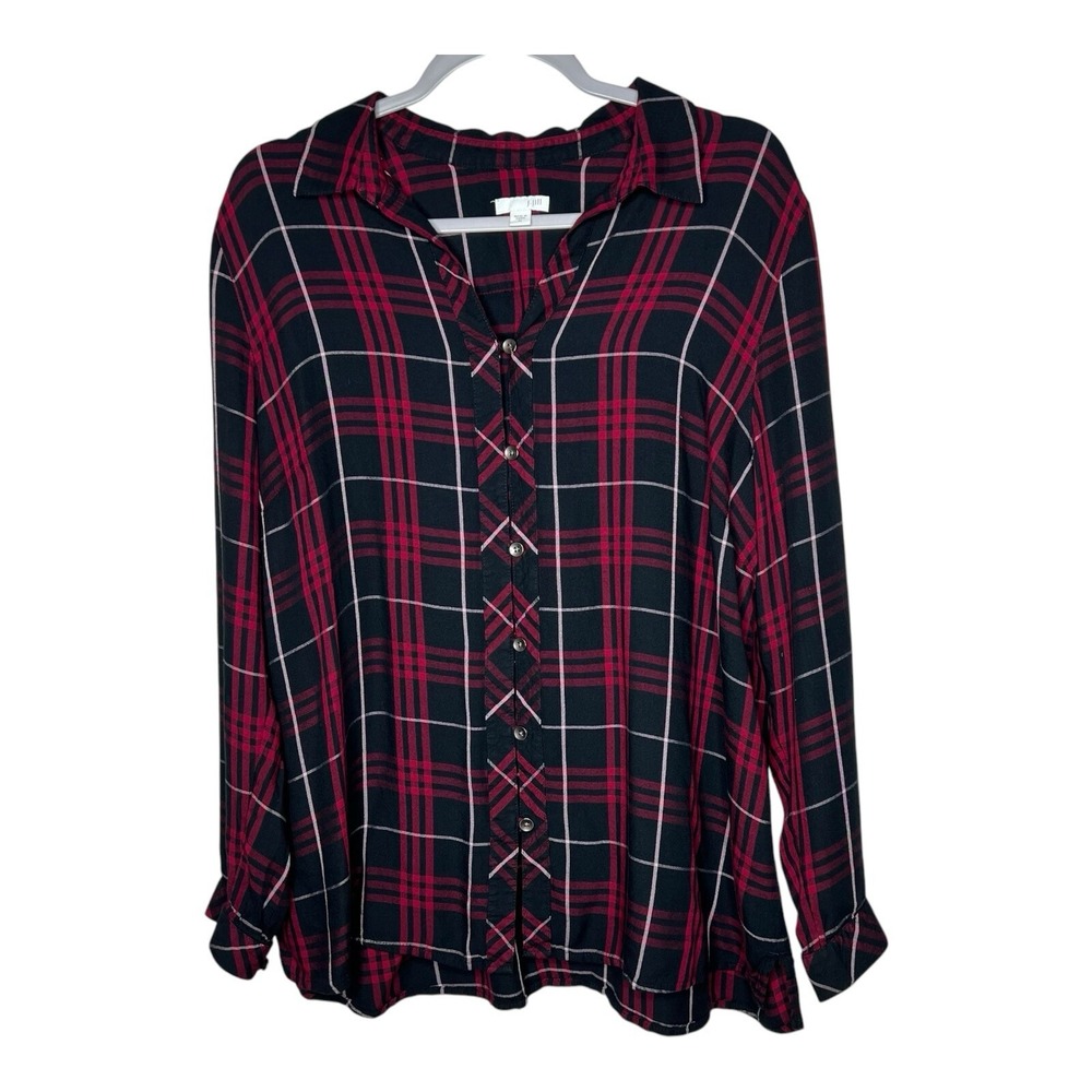 J Jill Top Womens XL Red‎ Blue Plaid Flannel Button Down Casual Rayon Winter